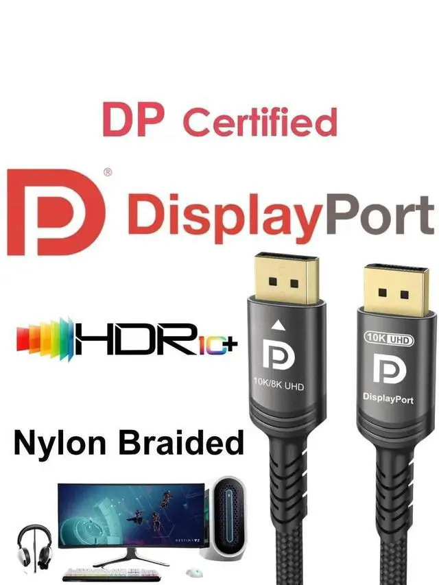 Alt view image 4 of 7 - 1.64FT Certified Nylon Braided DisplayPort 2.1 Cable 54Gbps UHBR DP to DP Cable 10K 8K@120Hz 4K@240Hz HDCP2.3 FreeSync G-Sync Compatible with RTX5090 Gaming Monitor PC Projector