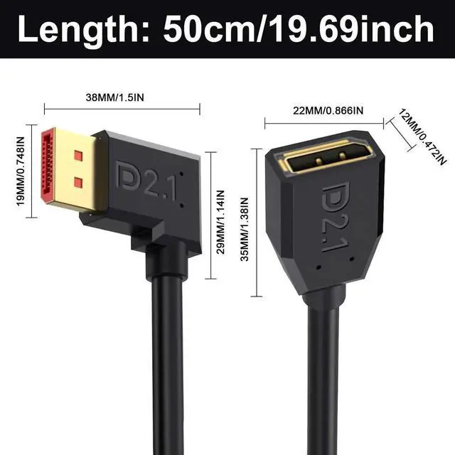 Alt view image 6 of 6 - 1.5FT 90 Degree Left Angle DisplayPort 2.1 Extension Cable 54Gbps Male to Female DP Cord 16K@30Hz 8K@120Hz 4K@240Hz HDR HDCP Gaming Video Cable for Monitor TV Graphics Card