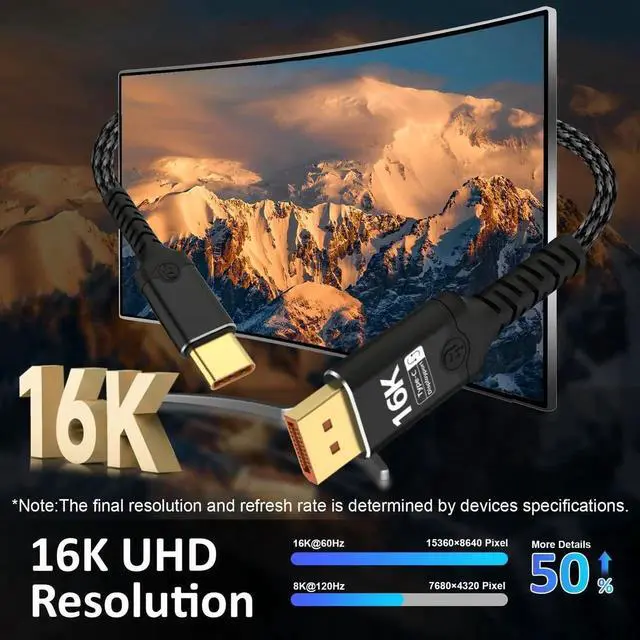 Alt view image 4 of 7 - 6.56FT Bidirectional USB C to DisplayPort 2.1 Braided Cable 16K@60Hz 8K@120Hz Thunderbolt 5 Compatible Video Cord for MacBook Pro Air Galaxy S25 iPad Pro XPS 17