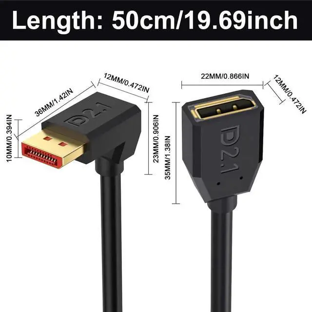Alt view image 7 of 7 - 1.5FT 90 Degree Down Angle DisplayPort 2.1 Extension Cable 54Gbps Male to Female DP Cord 16K@30Hz 8K@120Hz 4K@240Hz HDR HDCP Gaming Cable for Monitor TV Graphics Card