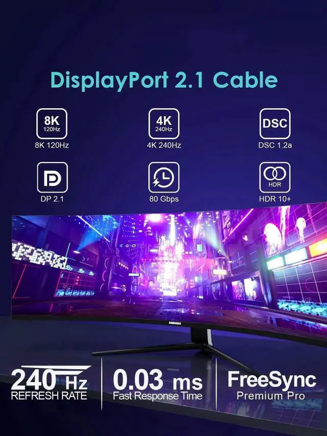 Alt view image 7 of 7 - 5FT Certified 80Gbps UHBR20 DisplayPort 2.1 Cable DSC1.2a 16K 8K@240Hz 4K@540Hz High Speed DP Video Cable Compatible with Ryzen 7900X RTX5090 Laptop PC Gaming Monitor