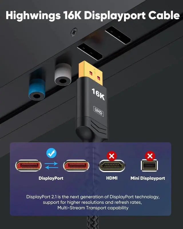 Alt view image 4 of 7 - 6FT DisplayPort 2.1 Cable 16K DP 2.0 Cord 54Gbps High Speed Video Cable 16K@60Hz 8K@120Hz 4K@240Hz HDR10 HDCP DSC1.2a FreeSync G-Sync Compatible with RTX3090 Graphics Card PC Monitor