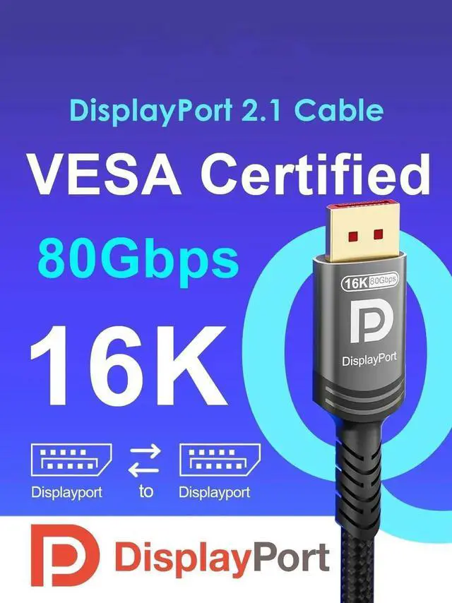 Alt view image 2 of 7 - 6.6FT Certified 80Gbps UHBR20 DisplayPort 2.1 Cable DSC1.2a 16K 8K@240Hz 4K@540Hz High Speed Gaming DP Cable Compatible with Ryzen 7900X RTX5090 PC Laptop Monitor