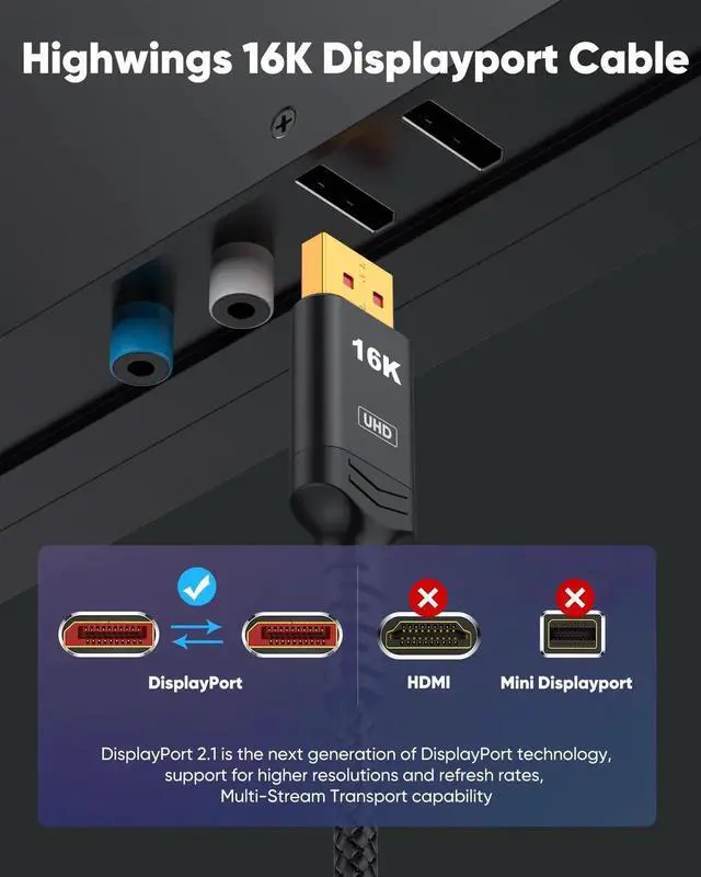 Alt view image 4 of 7 - 10FT DisplayPort 2.1 Cable 54Gbps 16K DP 2.0 Cord 16K@60Hz 8K@120Hz 4K@240Hz HDR10 HDCP DSC1.2a FreeSync G-Sync Gaming Cable for RTX3090 Graphics Card PC Monitor