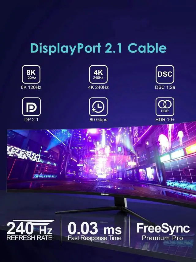Alt view image 7 of 7 - 10FT Certified 80Gbps UHBR20 DisplayPort 2.1 Cable DSC1.2a 16K 8K@240Hz 4K@540Hz High Speed Gaming DP Cable Compatible with Ryzen 7900X RTX5090 Laptop PC Monitor