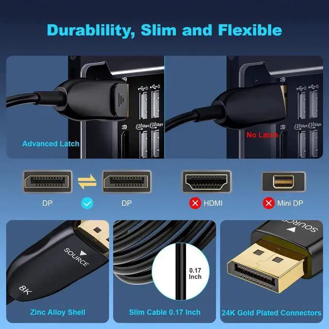 Alt view image 6 of 7 - 100FT Fiber Optic DisplayPort 2.1 Cable, Active Optical 54Gbps DP Cord 8K@60Hz 4K@240Hz 2K@360Hz HDR HDCP DSC1.2a Compatible with NVIDIA AMD ASUS Dell HP Gaming Monitor Graphics Card PC TV