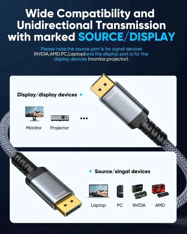 Alt view image 7 of 7 - 50FT Grey Braided Fiber Optic DisplayPort 1.4 Cable 32.4Gbps 8K@60Hz 4K@144Hz 2K@240Hz HDR FreeSync G-Sync High Speed Gaming Monitor DP Cable