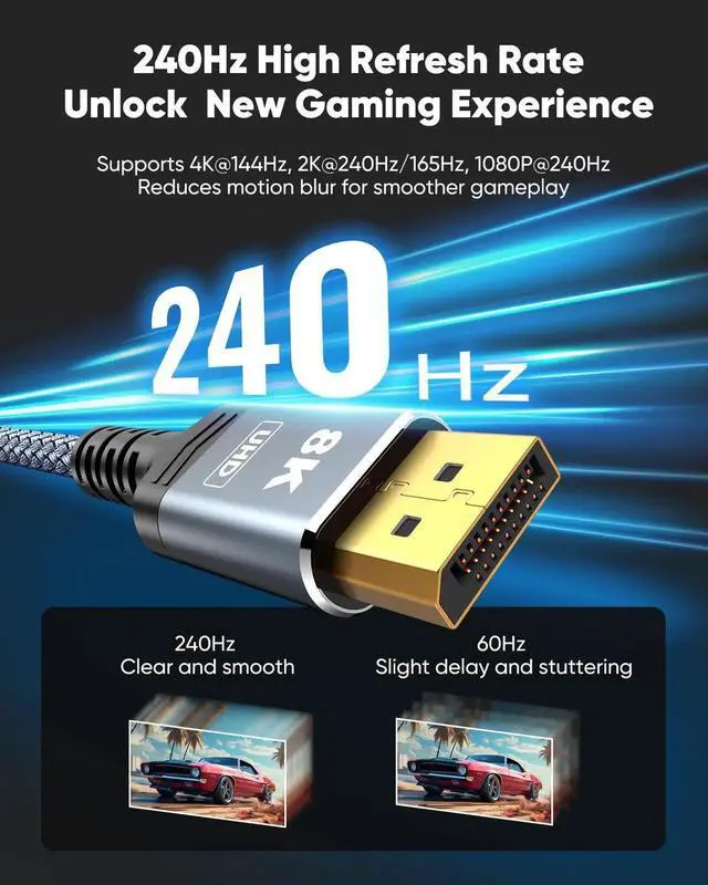 Alt view image 3 of 7 - 50FT Grey Braided Fiber Optic DisplayPort 1.4 Cable 32.4Gbps 8K@60Hz 4K@144Hz 2K@240Hz HDR FreeSync G-Sync High Speed Gaming Monitor DP Cable