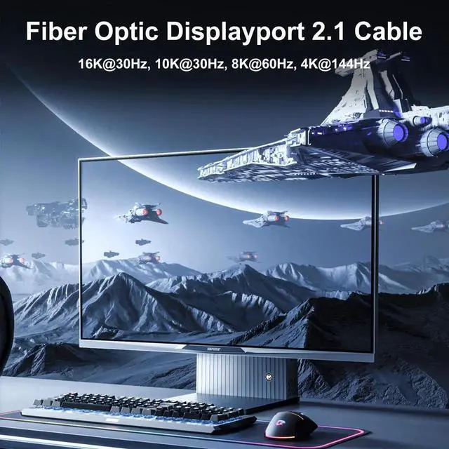 Alt view image 4 of 6 - FIBBR 33FT 16K Fiber Optic DisplayPort 2.1 Cable, VESA Certified Active DP Cable 40Gbps 16K@30Hz 10K@30Hz 8K@60Hz 4K@165Hz HDR HDCP2.2 DSC1.2a for Gaming Monitor PC Graphics Card
