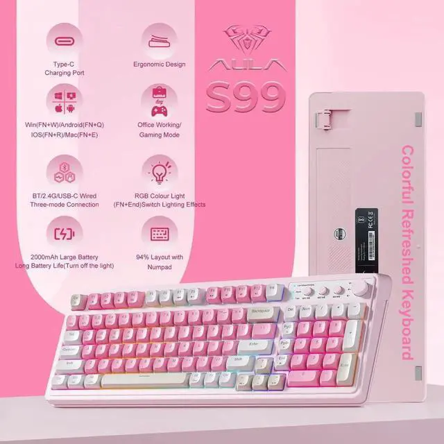 Alt view image 4 of 5 - S99 Wireless Gaming Keyboard, Tri Mode Bluetooth Creamy Custom Keyboard With Number Pad, RGB Backlit Media Knob Programmable Gaming Keyboard Gradient Blue For PC Laptop Gamers