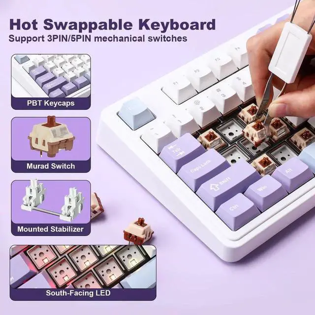 Alt view image 4 of 7 - AJAZZ AK980 Mechanical Keyboard with Smart Display & Control Knob, 98% Layout Tri Mode BT/2.4G/USB-C Wireless Keyboard, Hot Swappable PBT Keycaps RGB Gaming Keyboard Compatible with Win Mac Purple Mur