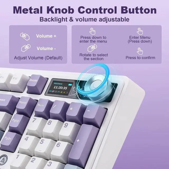 Alt view image 2 of 7 - AJAZZ AK980 Mechanical Keyboard with Smart Display & Control Knob, 98% Layout Tri Mode BT/2.4G/USB-C Wireless Keyboard, Hot Swappable PBT Keycaps RGB Gaming Keyboard Compatible with Win Mac Purple Mur