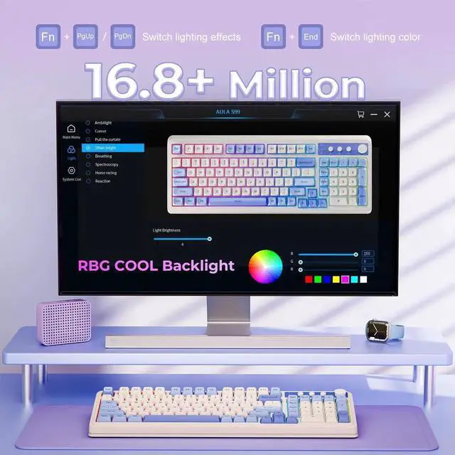 Alt view image 5 of 7 - S99 Tri-Mode Wireless Gaming Keyboard, Bluetooth 2.4G USB-C Creamy Keyboard with Numpad, RGB Backlit Media Knob Programmable Cute Keyboard Gradient Purple for PC MAC Xbox Gamers