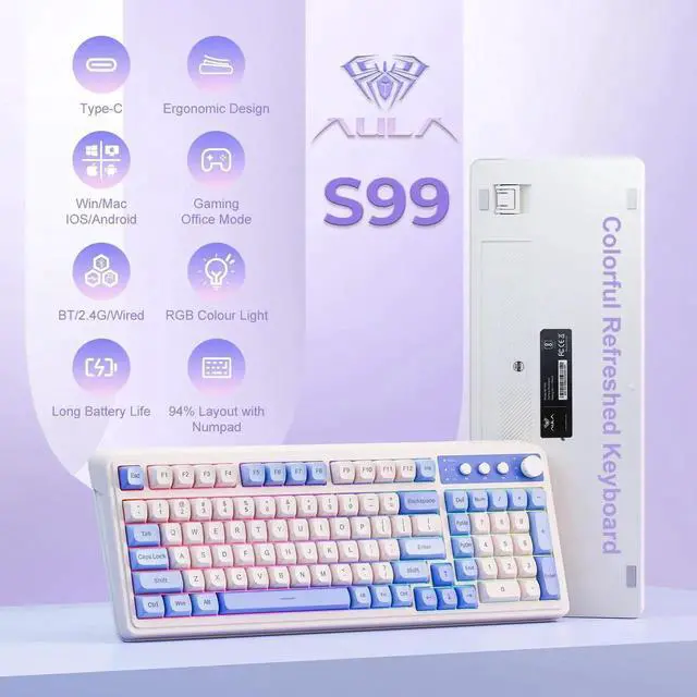 Alt view image 4 of 7 - S99 Tri-Mode Wireless Gaming Keyboard, Bluetooth 2.4G USB-C Creamy Keyboard with Numpad, RGB Backlit Media Knob Programmable Cute Keyboard Gradient Purple for PC MAC Xbox Gamers