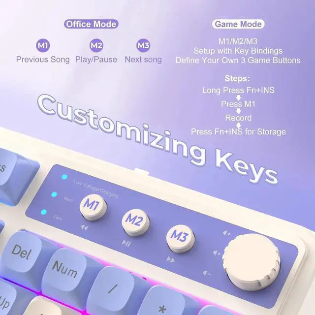 Alt view image 7 of 7 - S99 Tri-Mode Wireless Gaming Keyboard, Bluetooth 2.4G USB-C Creamy Keyboard with Numpad, RGB Backlit Media Knob Programmable Cute Keyboard Gradient Purple for PC MAC Xbox Gamers