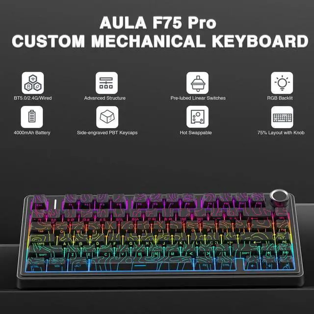 Alt view image 2 of 7 - F75 Pro Wireless Mechanical Keyboard with Control Knob, 75% Layout Hot Swappable Gaming Keyboard, RGB Backlit Pre-lubed Switch Side Printed PBT Keycaps Creamy Sound Keyboard Line Black