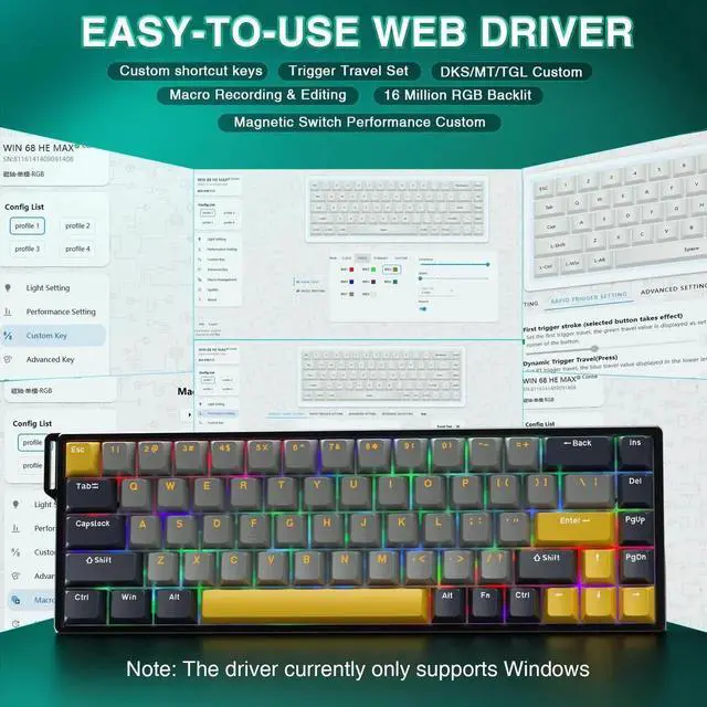 Alt view image 5 of 7 - WIN68 HE MAX 60% Wired Hall Effect Gaming Keyboard, Magnetic Switch Keyboard with Adjustable Actuation Point, Fast Trigger Mode, 8KHz Polling Rate RGB Backlit Mechanical Keyboard