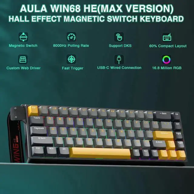 Alt view image 4 of 7 - WIN68 HE MAX 60% Wired Hall Effect Gaming Keyboard, Magnetic Switch Keyboard with Adjustable Actuation Point, Fast Trigger Mode, 8KHz Polling Rate RGB Backlit Mechanical Keyboard