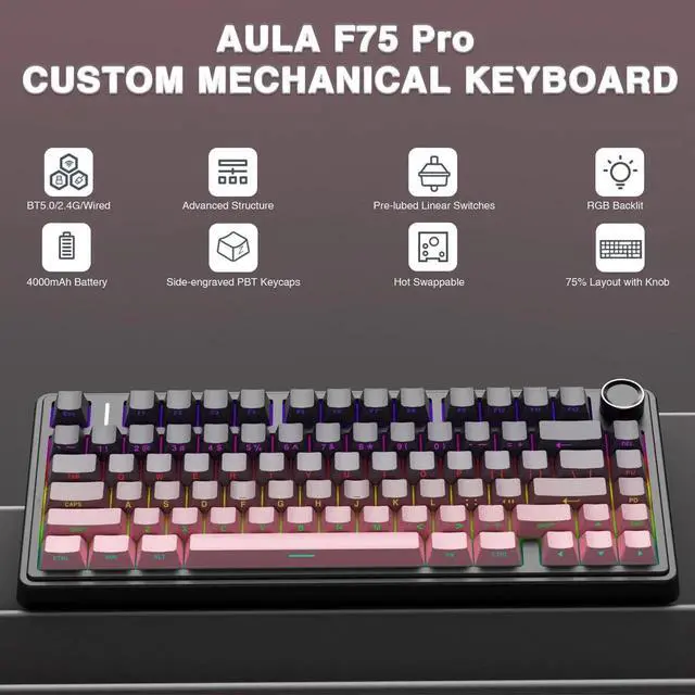 Alt view image 5 of 7 - F75 Pro Wireless Mechanical Keyboard, 75% Hot Swappable Gaming Keyboard, RGB Backlit Pre-lubed Reaper Switch, Side Printed PBT Keycaps Pink & Black Custom Keyboard