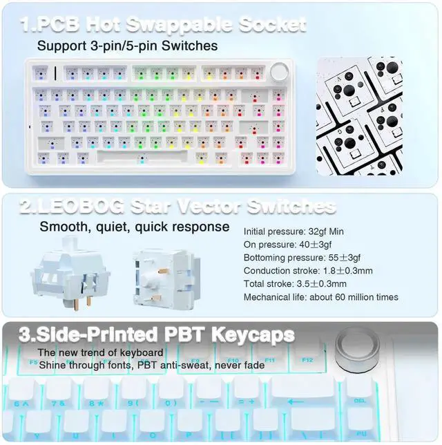 Alt view image 5 of 7 - F75 Pro Wireless Mechanical Keyboard, 75% Hot Swappable Gaming Keyboard, RGB Backlit Pre-lubed Linear Switch, Side Printed PBT Keycaps Gradient Blue Custom Keyboard