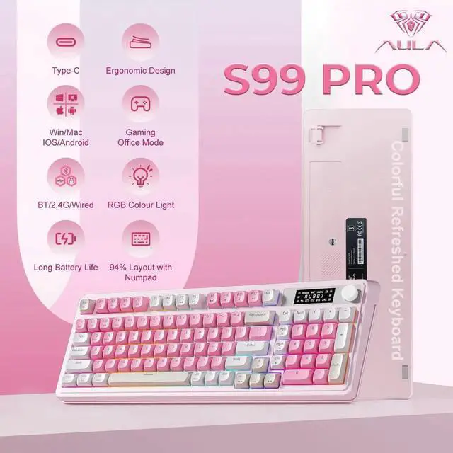 Alt view image 2 of 4 - S99Pro Tri-Mode Wireless Gaming Keyboard, Bluetooth 2.4G Wired Keyboard With Numpad, RGB Backlit Media Knob Programmable Creamy Typing Keyboard Pink For PC Gamers