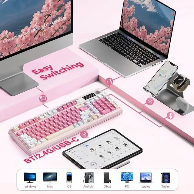 Alt view image 4 of 4 - S99Pro Tri-Mode Wireless Gaming Keyboard, Bluetooth 2.4G Wired Keyboard With Numpad, RGB Backlit Media Knob Programmable Creamy Typing Keyboard Pink For PC Gamers