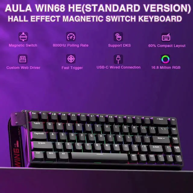 Alt view image 3 of 7 - WIN68 HE 60% Black Wired Hall Effect Mechanical Gaming Keyboard, Magnetic Switch Adjustable Actuation Fast Trigger, 8000Hz Polling Rate RGB Backlit Compact Keyboard for PC Laptop Gamers
