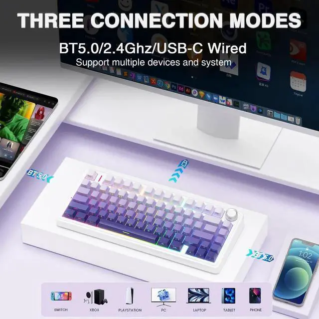 Alt view image 4 of 7 - F75 Pro Wireless Mechanical Keyboard, 75% Hot Swappable Gaming Keyboard, RGB Backlit Pre-lubed Linear Switch, Side Printed PBT Keycaps Gradient Purple Custom Keyboard