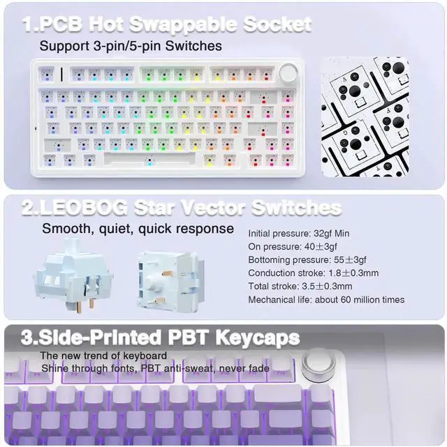 Alt view image 3 of 7 - F75 Pro Wireless Mechanical Keyboard, 75% Hot Swappable Gaming Keyboard, RGB Backlit Pre-lubed Linear Switch, Side Printed PBT Keycaps Gradient Purple Custom Keyboard