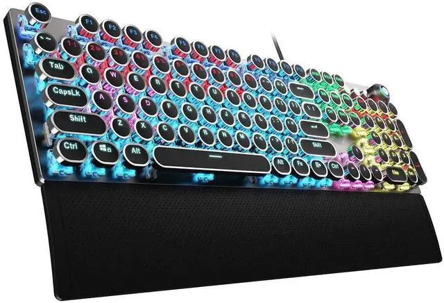 Main image of F2088 Wired Typewriter Style Mechanical Keyboard, Blue Switch Rainbow LED Backlit Keyboard with Removable Wrist Rest Media Control Knob Retro Punk Round Keycaps USB Gaming Keyboard