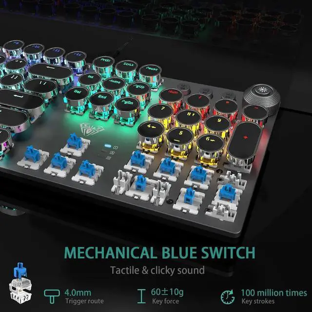 Alt view image 2 of 7 - F2088 Wired Typewriter Style Mechanical Keyboard, Blue Switch Rainbow LED Backlit Keyboard with Removable Wrist Rest Media Control Knob Retro Punk Round Keycaps USB Gaming Keyboard