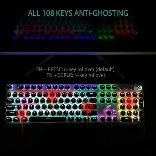 Alt view image 5 of 7 - F2088 Wired Typewriter Style Mechanical Keyboard, Blue Switch Rainbow LED Backlit Keyboard with Removable Wrist Rest Media Control Knob Retro Punk Round Keycaps USB Gaming Keyboard