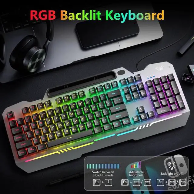 Alt view image 7 of 7 - T102 104 Keys Wired Keyboard Mouse Combo, RGB Backlit All-Metal Panel Waterproof Gaming Keyboard with Numpad USB Wired Set for Desktop PC Gamers