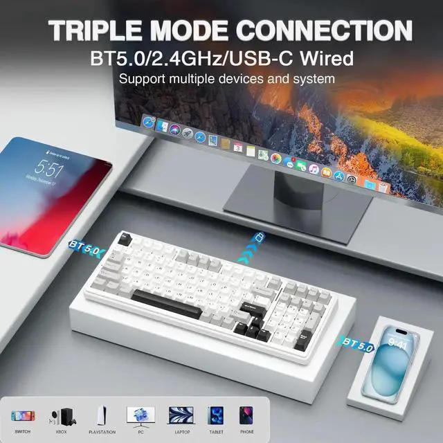 Alt view image 7 of 7 - F99 Wireless Mechanical Keyboard Mouse Combo, Hot Swappable Custom Gaming Keyboard + SC580 White Wireless Gaming Mouse Set