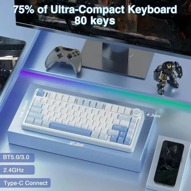 Alt view image 3 of 7 - 75% Gasket Hot Swappable Wireless Keyboard Mouse Combo, F75 Mechanical Keyboard + SC580 White Wireless Gaming Mouse Set