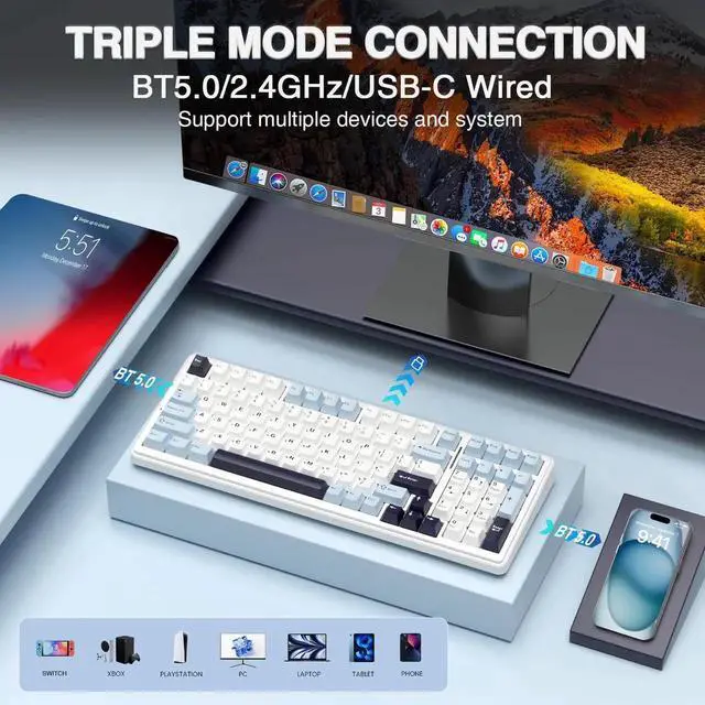 Alt view image 3 of 7 - F99 Wireless Gasket Mechanical Keyboard, Hot Swappable Keyboard with Pre-lubed Linear Switch RGB Backlit Gaming Keyboard Blue and White