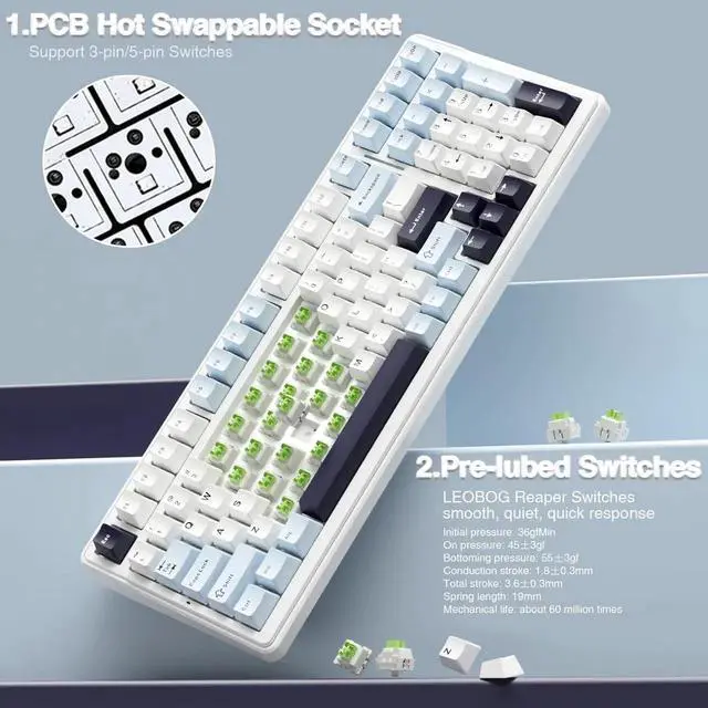 Alt view image 4 of 7 - F99 Wireless Gasket Mechanical Keyboard, Hot Swappable Keyboard with Pre-lubed Linear Switch RGB Backlit Gaming Keyboard Blue and White