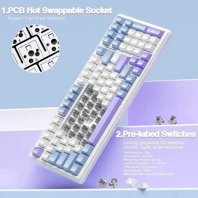 Alt view image 2 of 7 - F99 Hot Swappable Tri-Mode Mechanical Keyboard and Mouse Combo, Light Purple Wireless Gaming Keyboard Set with SC580X Gaming Mouse