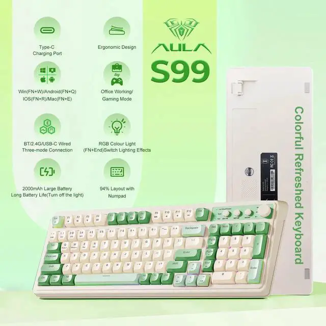 Alt view image 2 of 7 - S99 Tri-Mode Wireless Gaming Keyboard, Bluetooth 2.4G USB-C Custom Creamy Keyboard with Numpad, RGB Backlit Media Control Knob Programmable Mechanical Keyboard for PC Gamers - Green