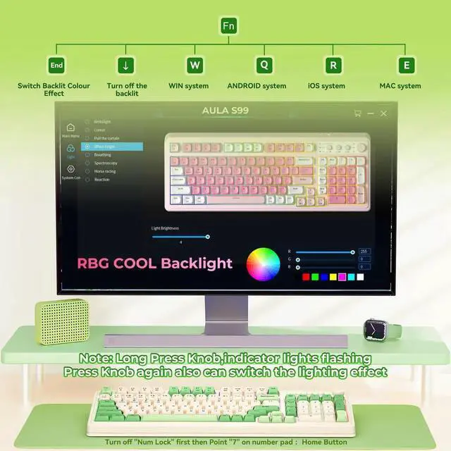 Alt view image 3 of 7 - S99 Tri-Mode Wireless Gaming Keyboard, Bluetooth 2.4G USB-C Custom Creamy Keyboard with Numpad, RGB Backlit Media Control Knob Programmable Mechanical Keyboard for PC Gamers - Green