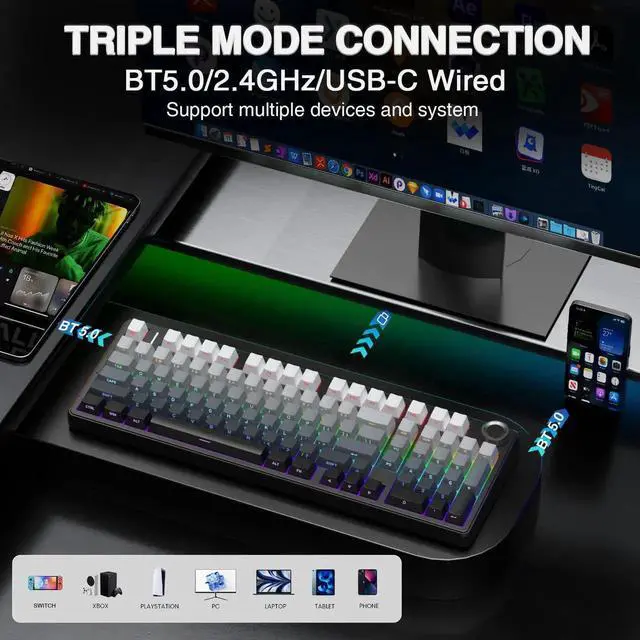 Alt view image 6 of 7 - F99 Pro Tri-Mode Wireless Mechanical Keyboard with Control Knob, Gasket Mount Hot Swappable Gaming Keyboard, Creamy Sound, RGB Backlit PBT Keycaps Keyboard for Desktop PC Gamers