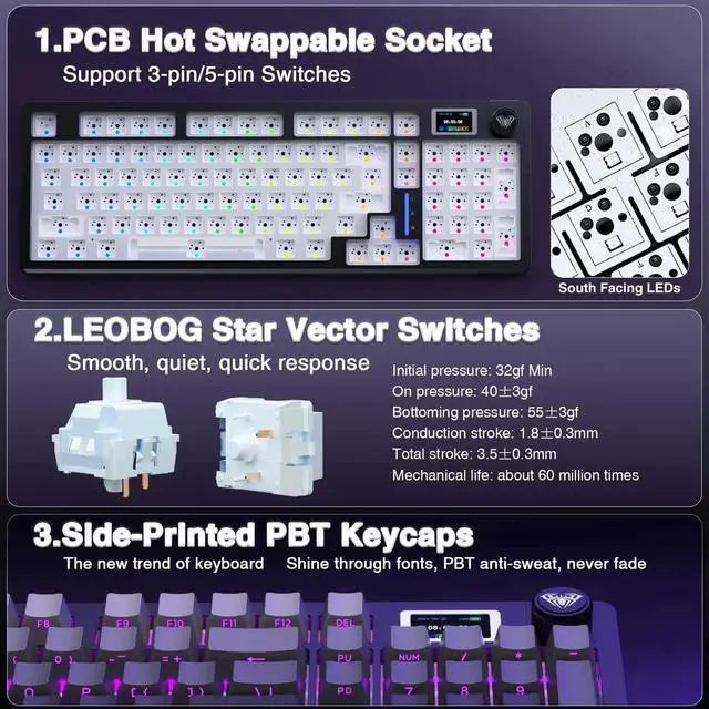 Alt view image 5 of 7 - S98 Pro Tri-Mode Wireless Mechanical Keyboard with Smart Screen & Control Knob, Hot Swappable Gaming Keyboard with Pre-lubed Linear Switch, Side Printed PBT Keycaps, RGB Backlit Creamy Sound Keyboard