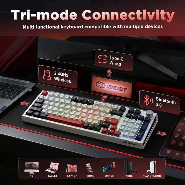 Alt view image 7 of 7 - K98 Tri-Mode Wireless Mechanical Keyboard, Gasket Mount Hot Swappable Gaming Keyboard with Milk-V2 Switch, RGB Backlit Custom Keyboard Compatible with Windows Mac, White and Red