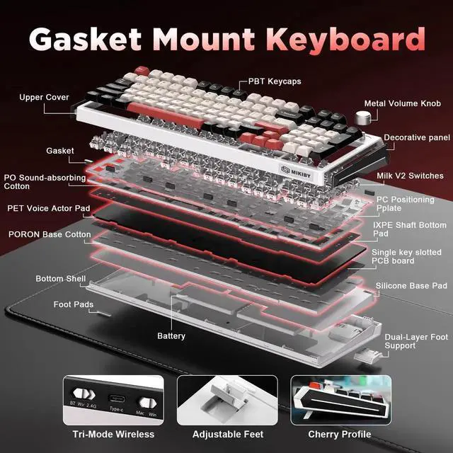 Alt view image 4 of 7 - K98 Tri-Mode Wireless Mechanical Keyboard, Gasket Mount Hot Swappable Gaming Keyboard with Milk-V2 Switch, RGB Backlit Custom Keyboard Compatible with Windows Mac, White and Red