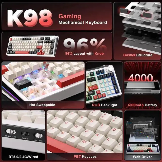 Alt view image 3 of 7 - K98 Tri-Mode Wireless Mechanical Keyboard, Gasket Mount Hot Swappable Gaming Keyboard with Milk-V2 Switch, RGB Backlit Custom Keyboard Compatible with Windows Mac, White and Red