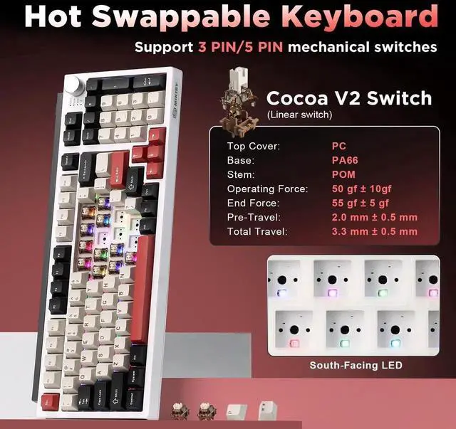 Alt view image 7 of 7 - K98 Tri-Mode Wireless Mechanical Keyboard, Gasket Mount Hot Swappable Gaming Keyboard with Cocoa-V2 Switch, RGB Backlit Custom Keyboard Compatible with Windows Mac, White Red Colorway