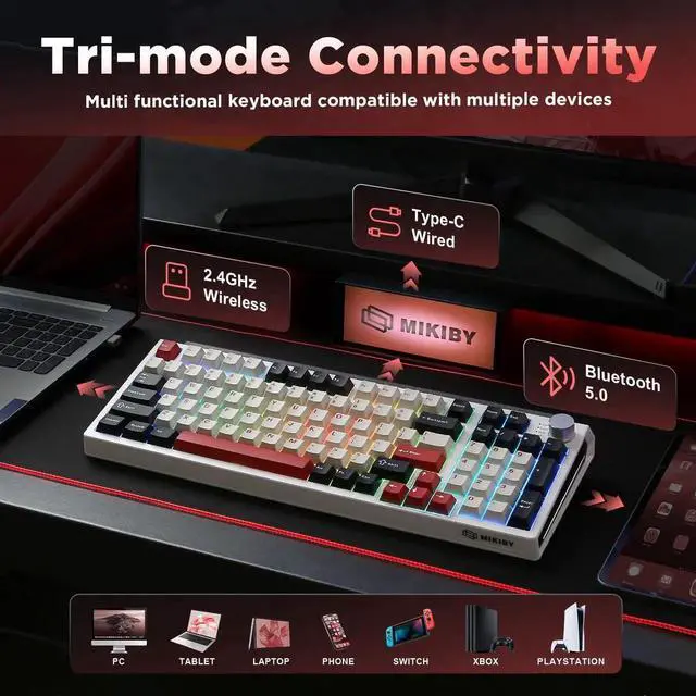 Alt view image 4 of 7 - K98 Tri-Mode Wireless Mechanical Keyboard, Gasket Mount Hot Swappable Gaming Keyboard with Cocoa-V2 Switch, RGB Backlit Custom Keyboard Compatible with Windows Mac, White Red Colorway