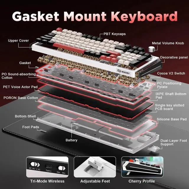 Alt view image 6 of 7 - K98 Tri-Mode Wireless Mechanical Keyboard, Gasket Mount Hot Swappable Gaming Keyboard with Cocoa-V2 Switch, RGB Backlit Custom Keyboard Compatible with Windows Mac, White Red Colorway