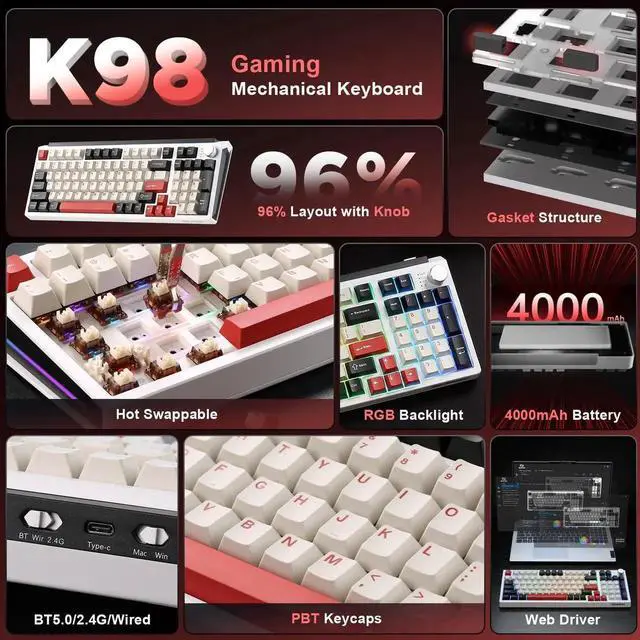 Alt view image 2 of 7 - K98 Tri-Mode Wireless Mechanical Keyboard, Gasket Mount Hot Swappable Gaming Keyboard with Cocoa-V2 Switch, RGB Backlit Custom Keyboard Compatible with Windows Mac, White Red Colorway
