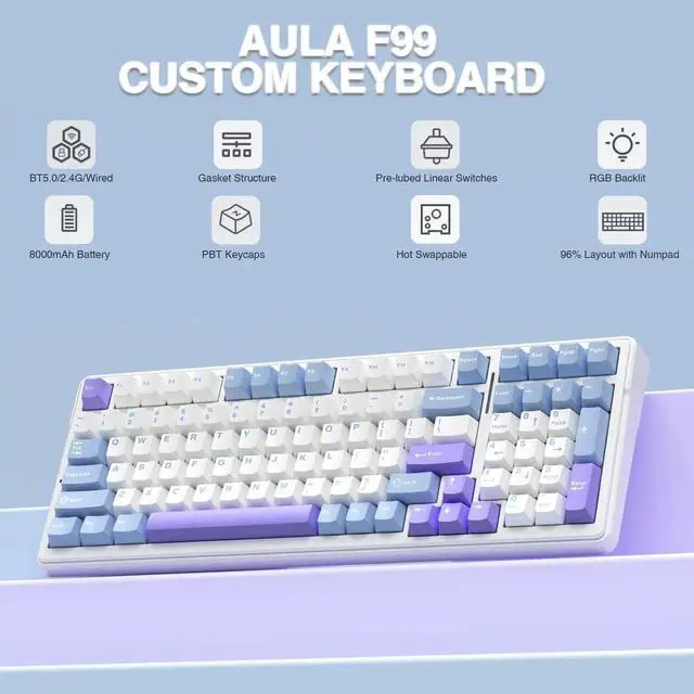 Alt view image 5 of 7 - F99 Tri-mode Hot Swappable Wireless Mechanical Keyboard and Mouse Combo, Full Size Gaming Keyboard with Black SC580 Wireless Gaming Mouse